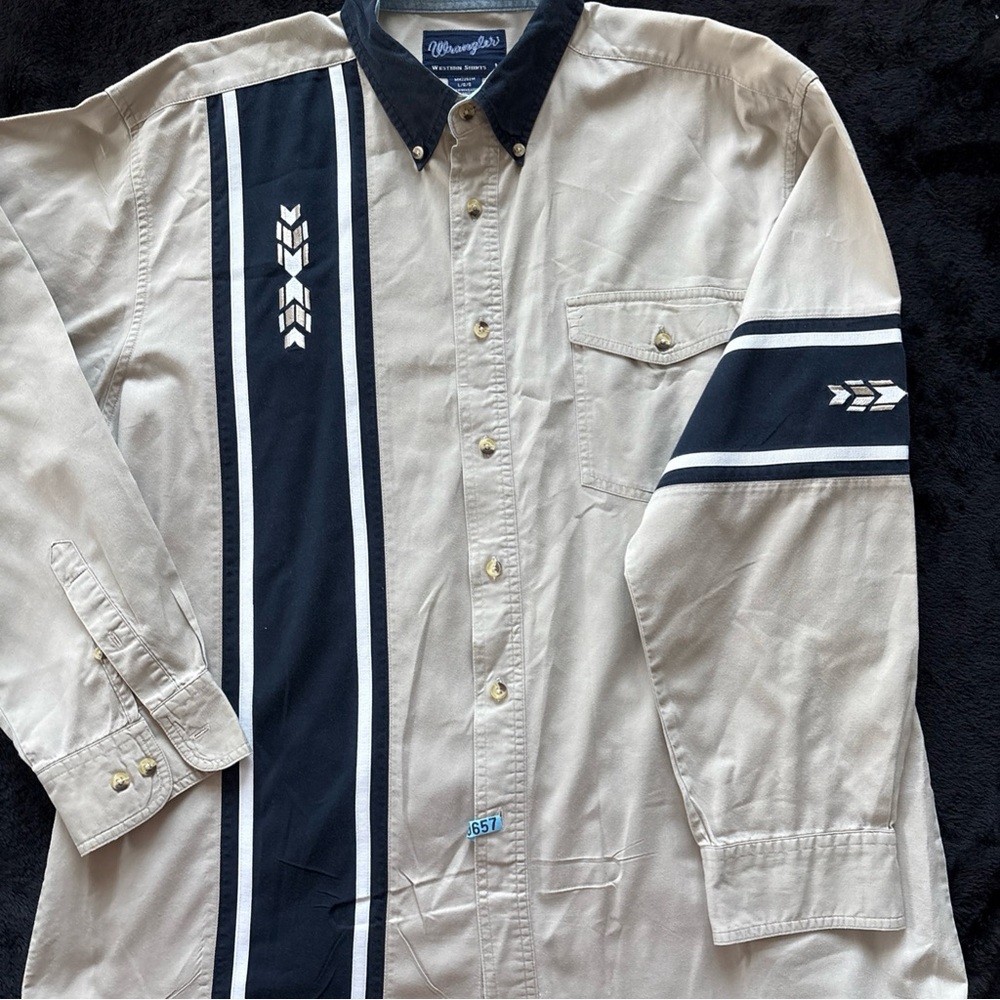 Vintage Wrangler Western Shirt Mens Large Tan Blue Southwestern Embroidered